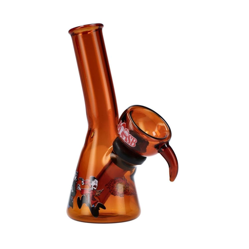 A three-quarter view of the 4" Mini Water Pipe - On The Run Amber, showcasing its amber-colored glass and compact size.