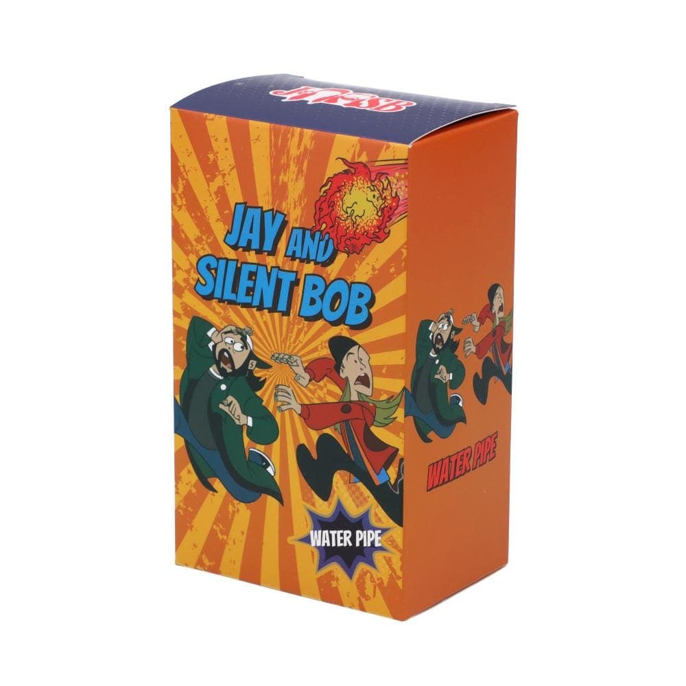 A front view of the 4" Mini Water Pipe - On The Run Amber with vibrant cartoon graphics on an amber-colored glass body.