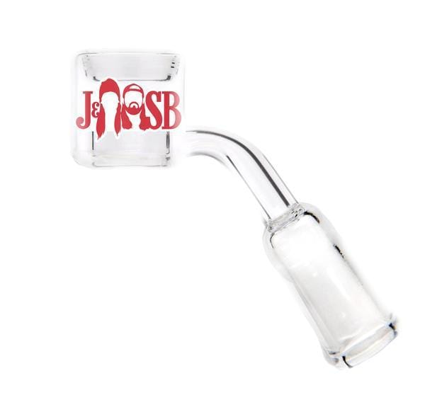 A close-up, angled view of the Quartz Thermal Banger, showing its clear glass construction and cylindrical shape.