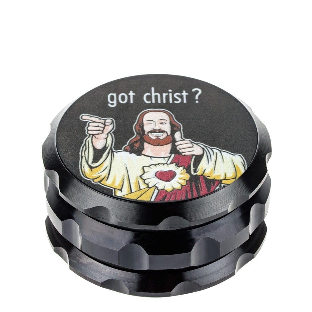 A close-up, angled view of the Buddy Christ Grinder with a textured, multi-tiered metallic finish.