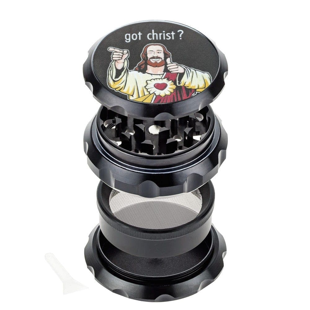 A close-up, angled view of the Buddy Christ Grinder with four stacked, dark metal pieces.