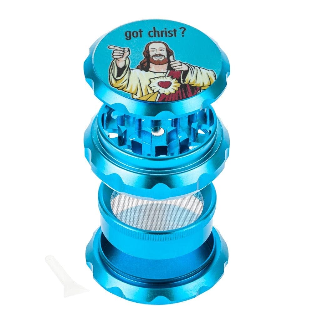 A close-up, angled view of the Buddy Christ Grinder, featuring a blue metallic finish and a detailed character design on the lid.