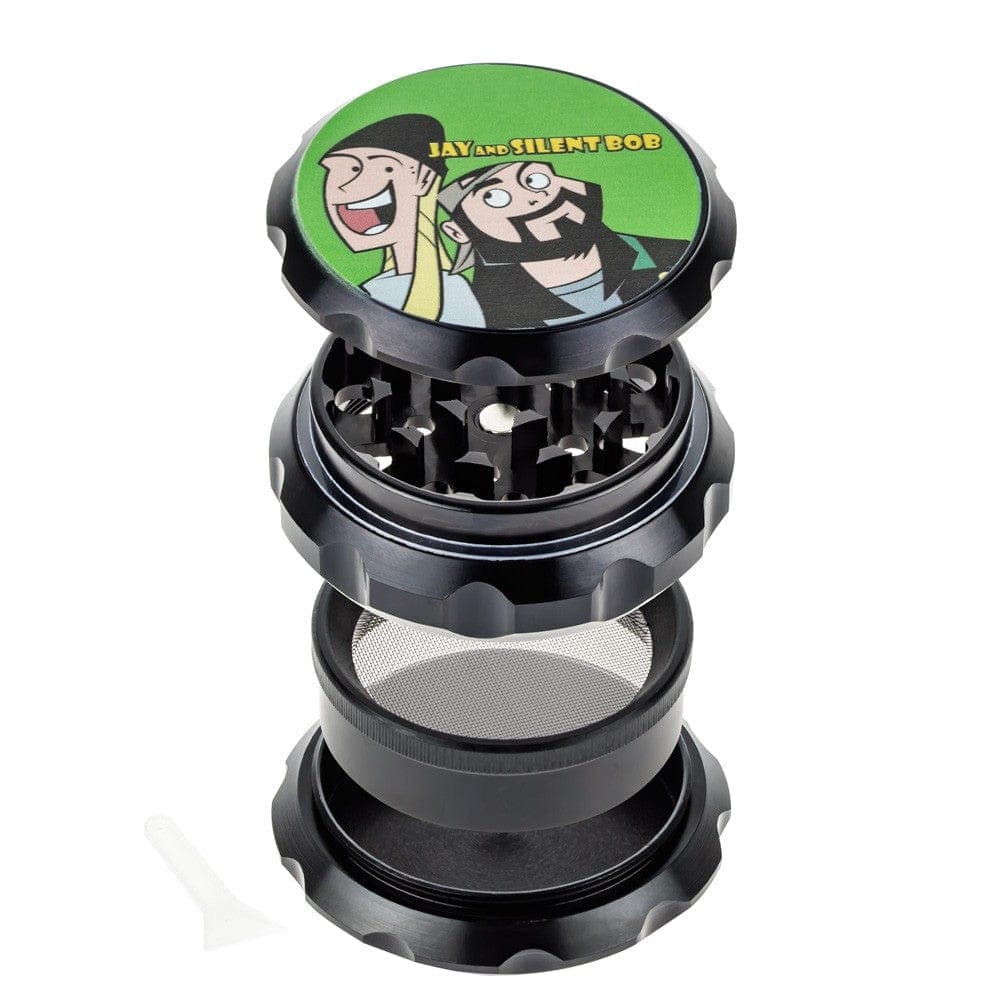 A close-up, angled view of the Jay and Silent Bob Grinder disassembled into four pieces, displaying its metallic finish.