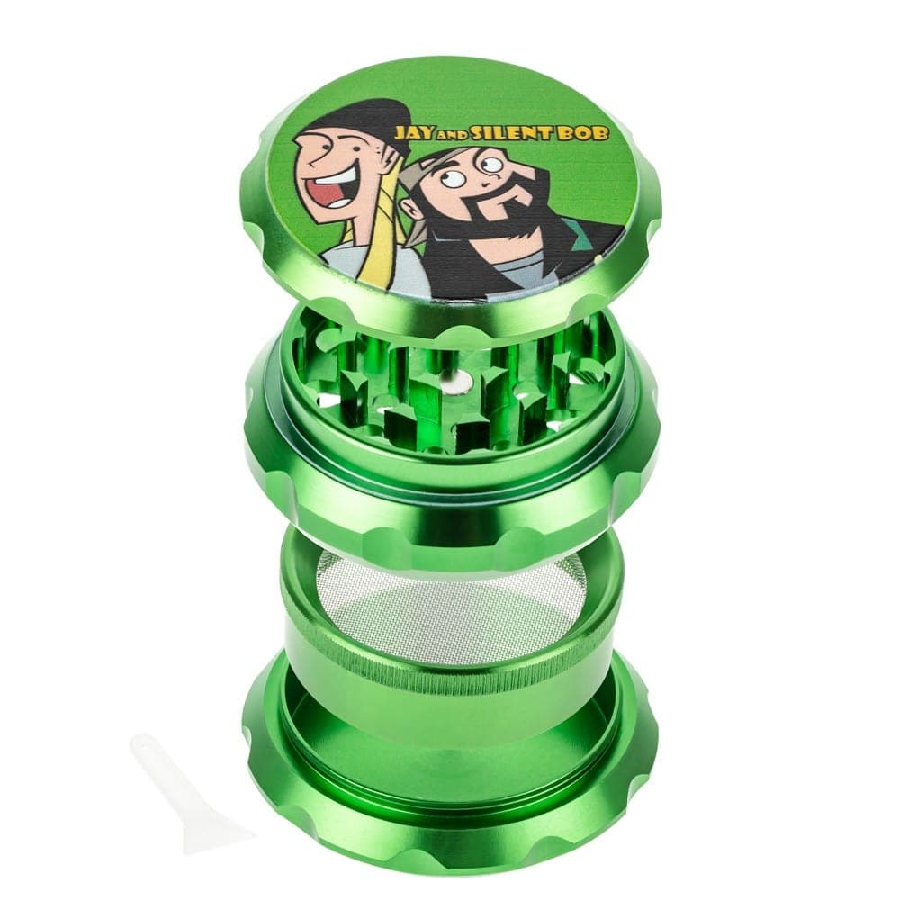 Front view of the Jay and Silent Bob Grinder, a metallic four-piece grinder with detailed character art on the top lid.