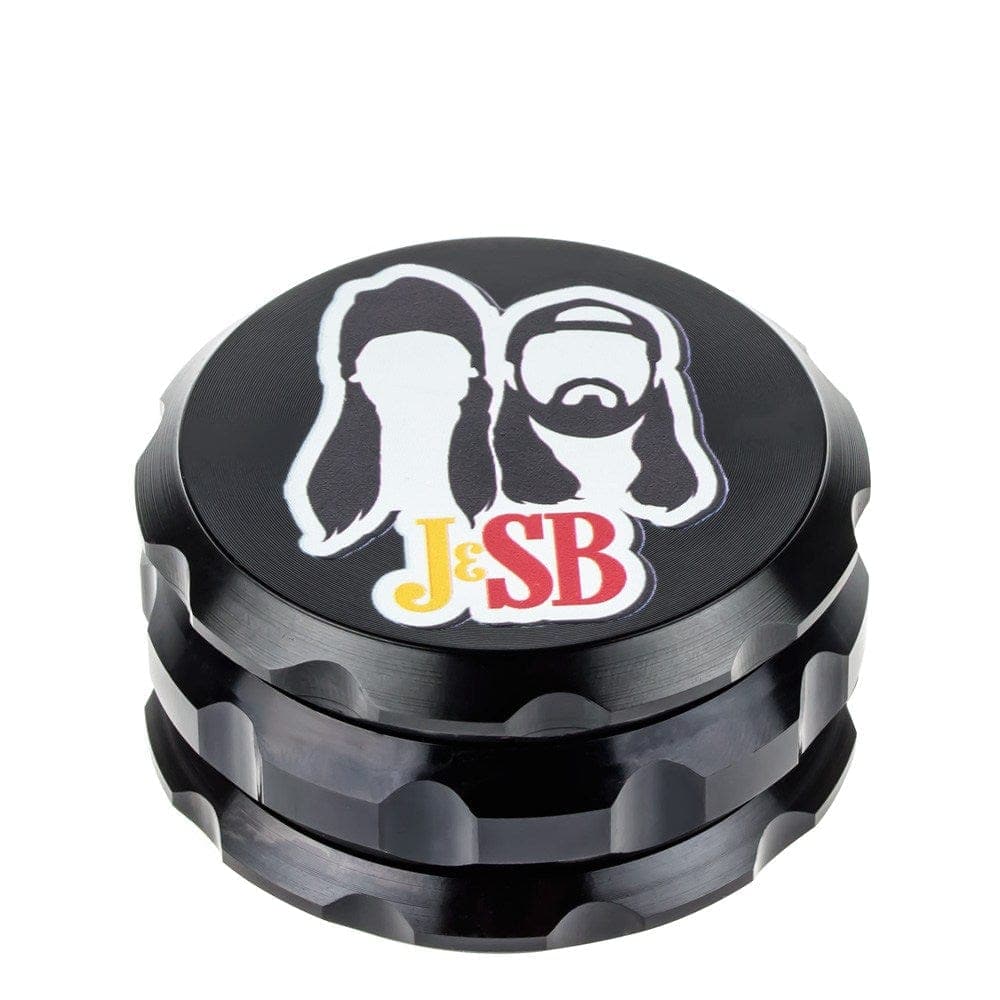 Close-up of the Jay and Silent Bob's Secret Stash Grinder with a metallic, multi-tiered design against a plain white background.