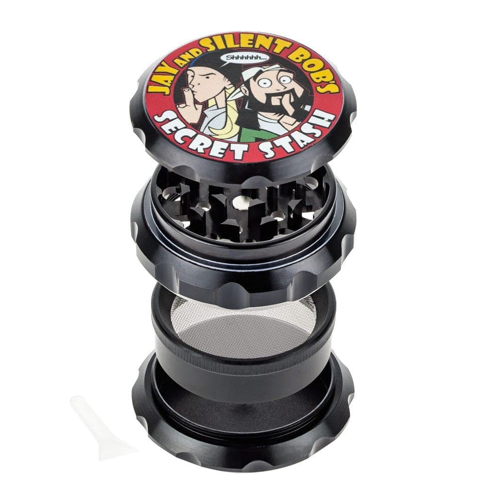 A close-up, angled view of the Jay and Silent Bob's Secret Stash Grinder, showing its multi-tiered, metallic construction.