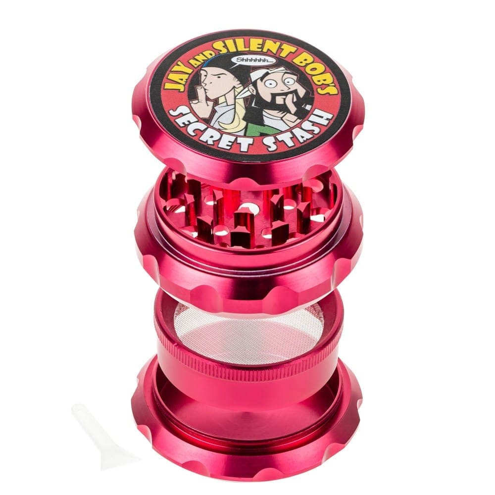 Front view of the Jay and Silent Bob's Secret Stash Grinder, a metallic grinder with a ridged exterior and multi-part design.