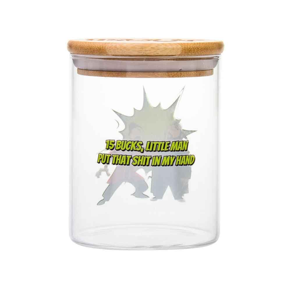 Front view of the 15 Bucks Stash Jar, a clear glass container with a simple, rounded shape.
