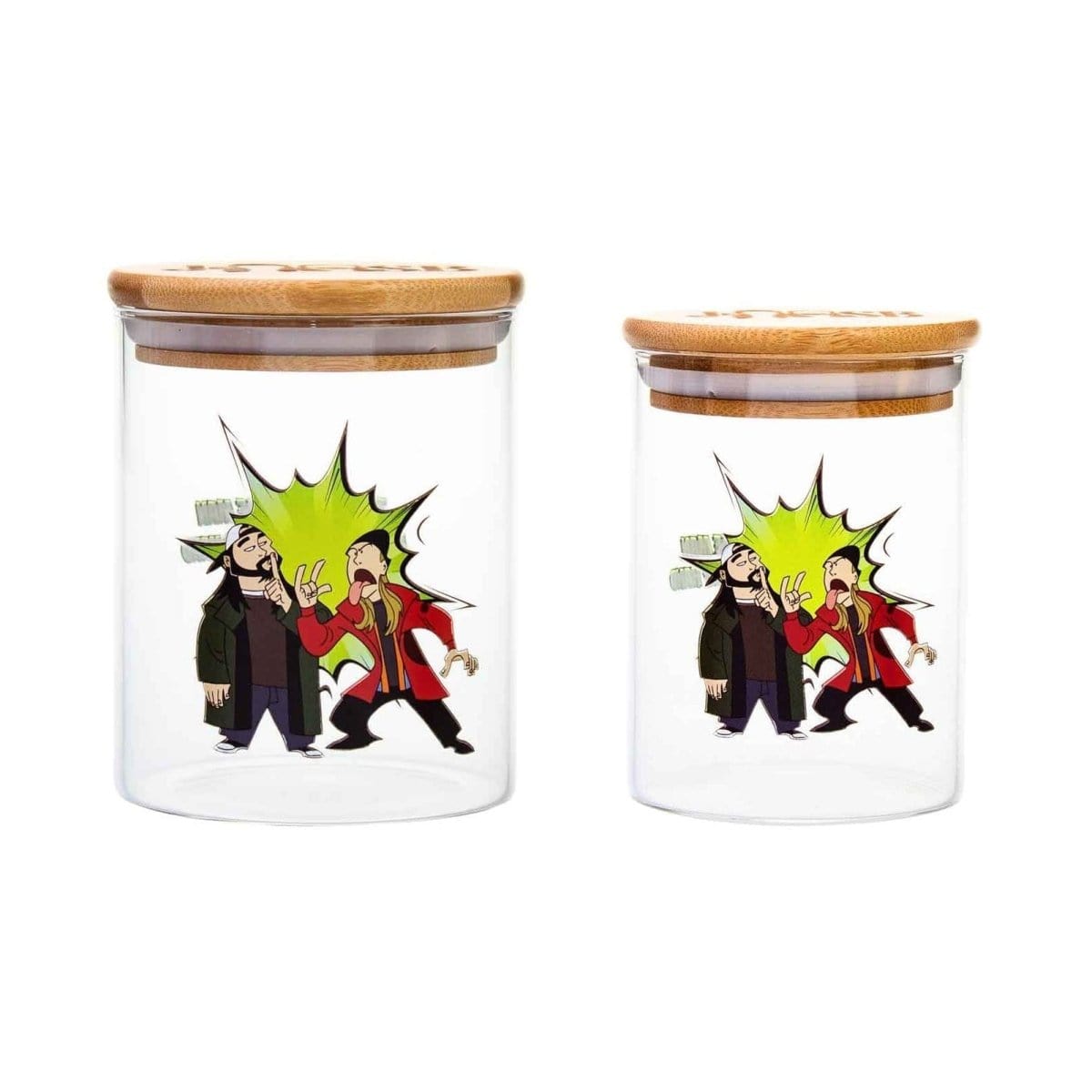 Front view of the 15 Bucks Stash Jar, a clear glass container with a cartoon graphic design.