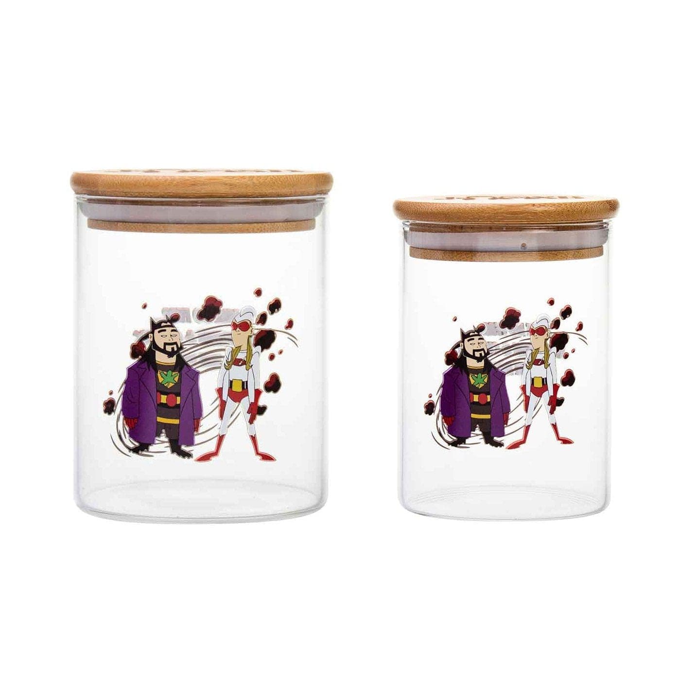 Front view of the Bluntman & Chronic Stash Jar, a clear glass jar with a colorful cartoon illustration.