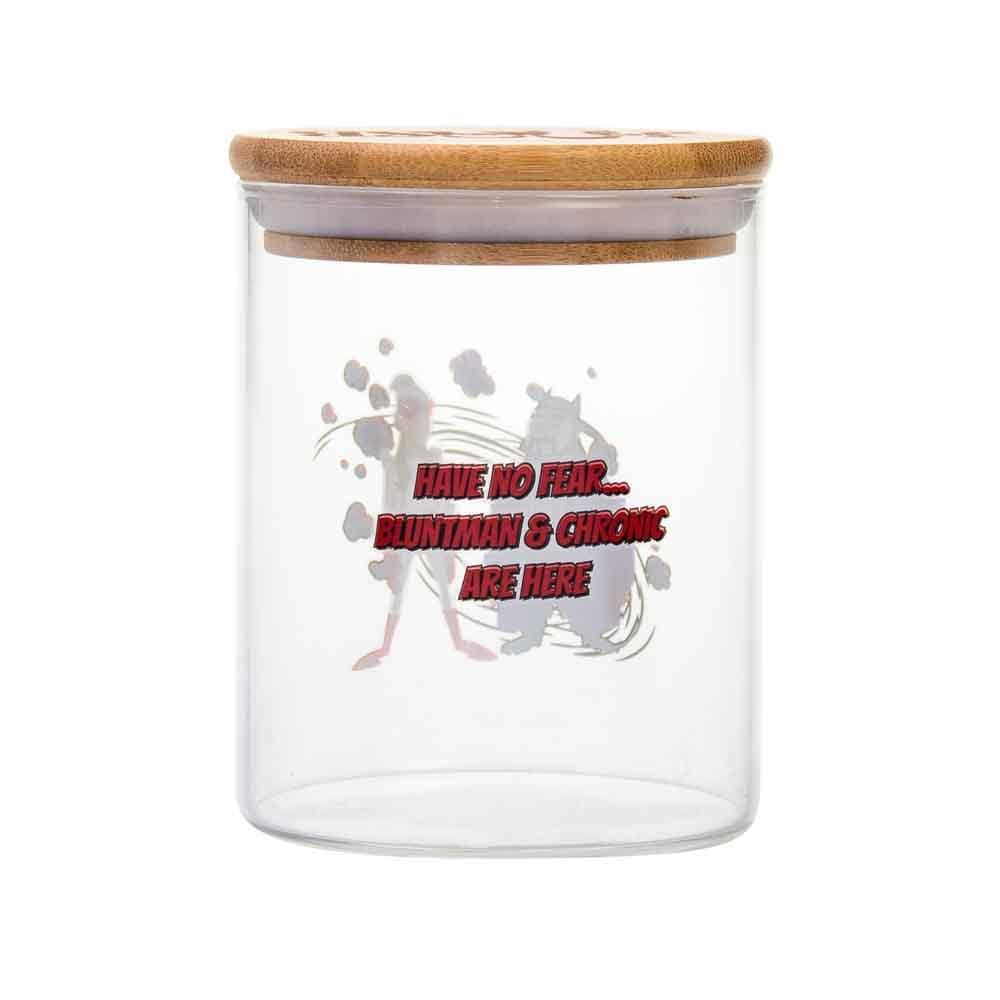 Front view of the Bluntman & Chronic Stash Jar, a clear glass jar with a simple, cylindrical shape.