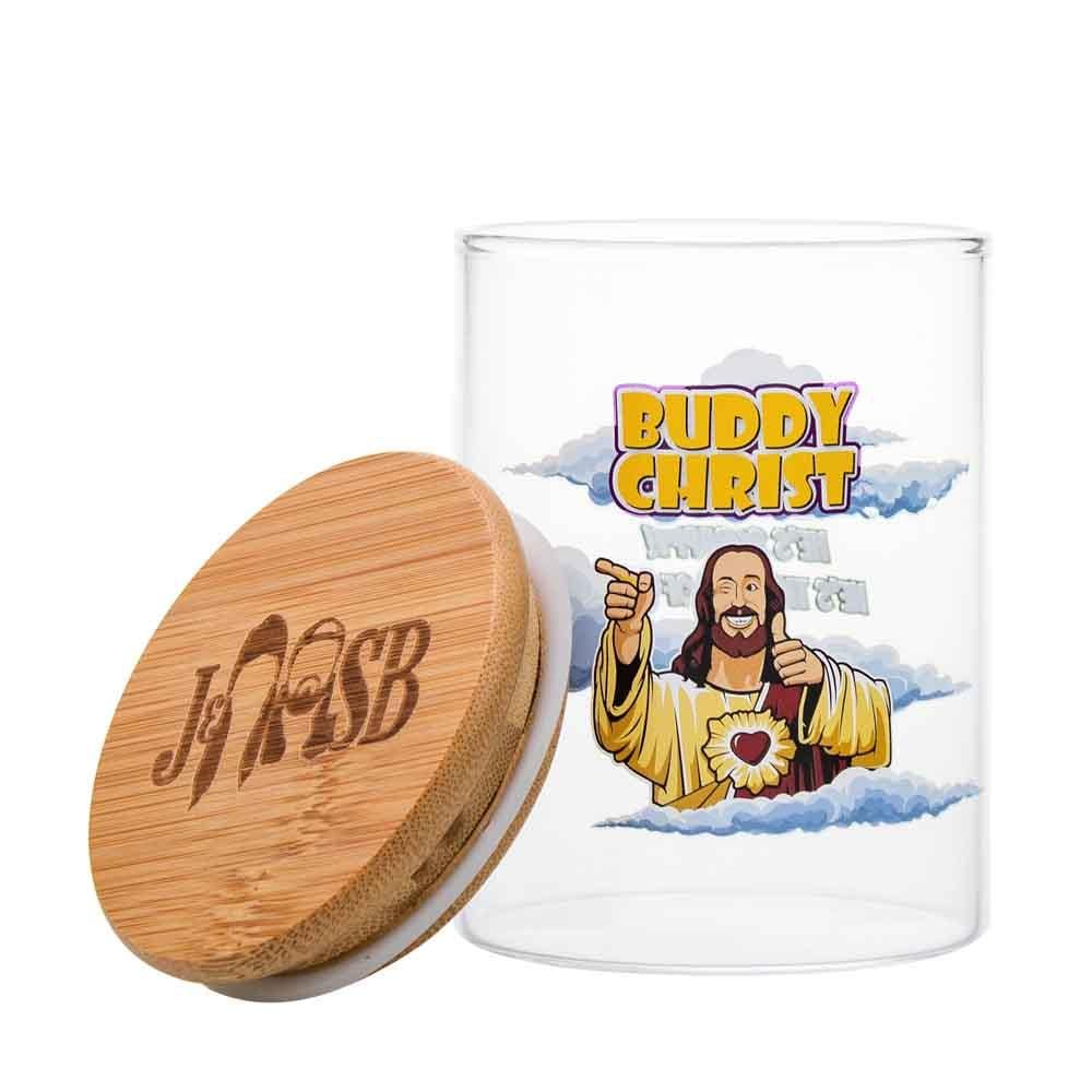 Front view of the Buddy Christ Stash Jar with a detailed illustration of Jesus on a white container.