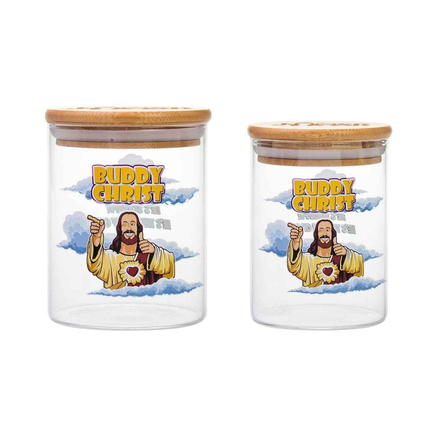 A front view of the Buddy Christ Stash Jar, depicting a figurine within a clear glass container.