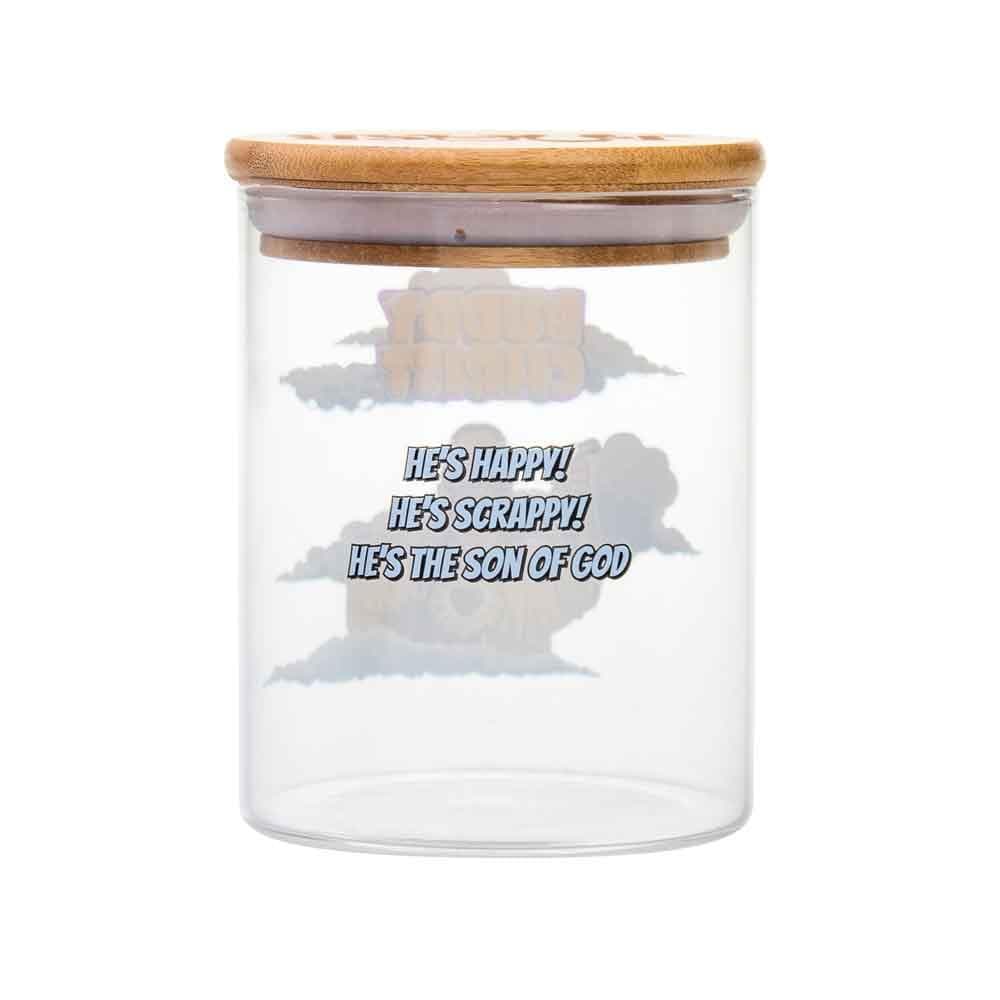 Front view of the Buddy Christ Stash Jar, a clear glass jar depicting the iconic figurine.