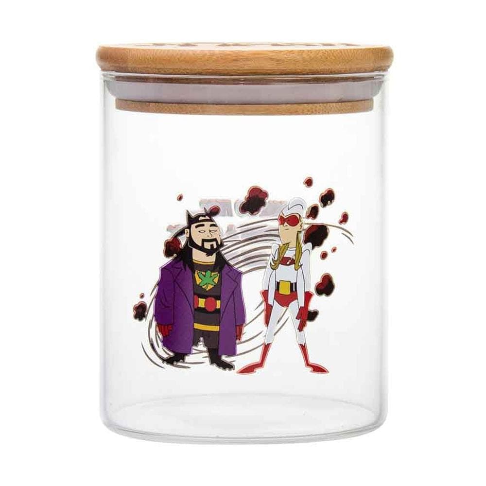 Front view of the Bluntman & Chronic Stash Jar featuring cartoon characters on a clear glass container.