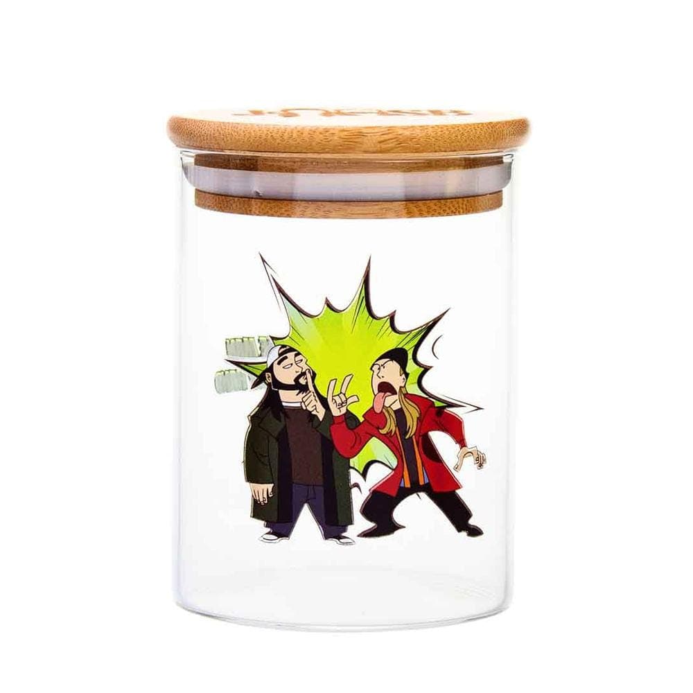 A front view of the 15 Bucks Stash Jar, showcasing a cartoon design on clear glass.