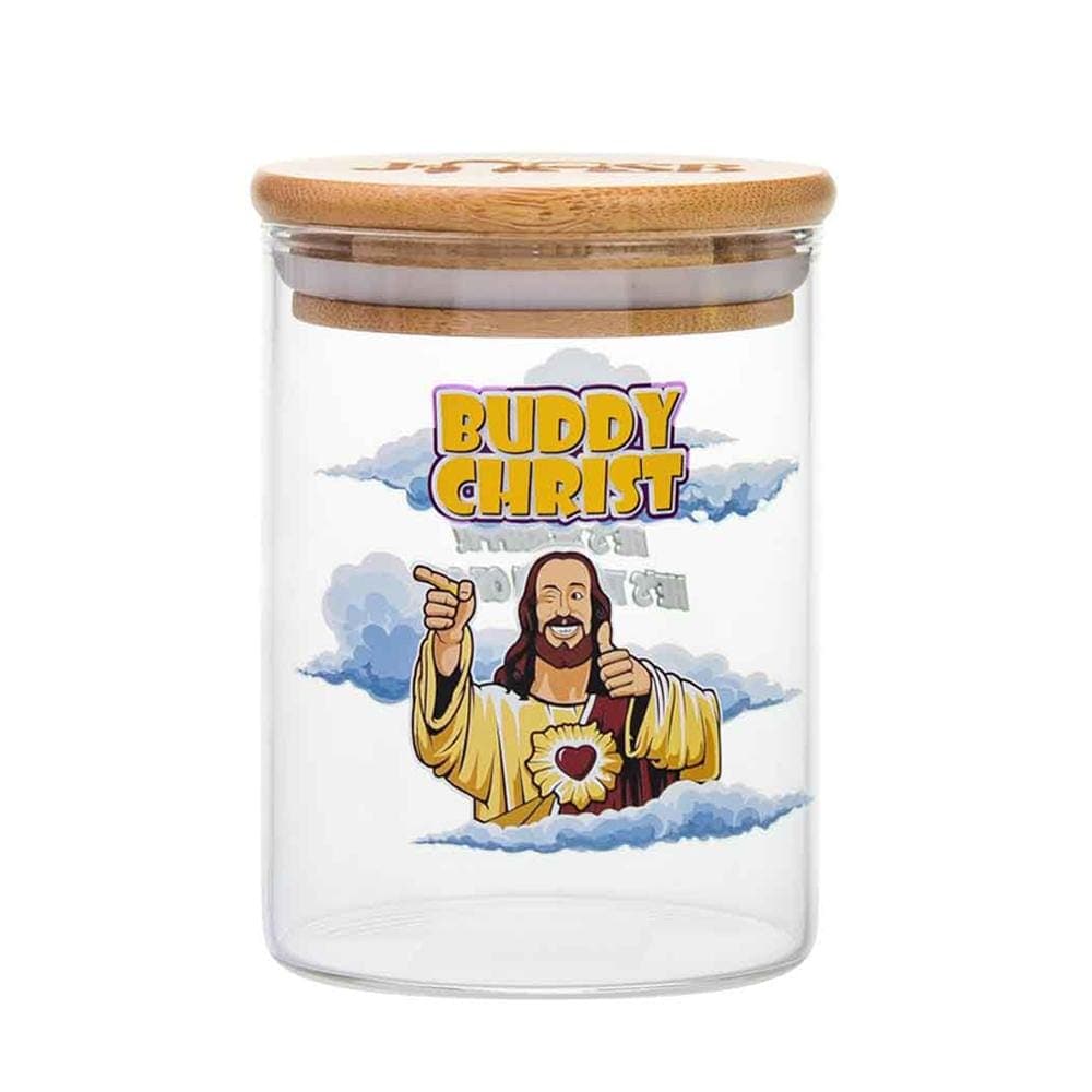 A front view of the Buddy Christ Stash Jar depicting a cartoon Christ figure on a clear glass container.