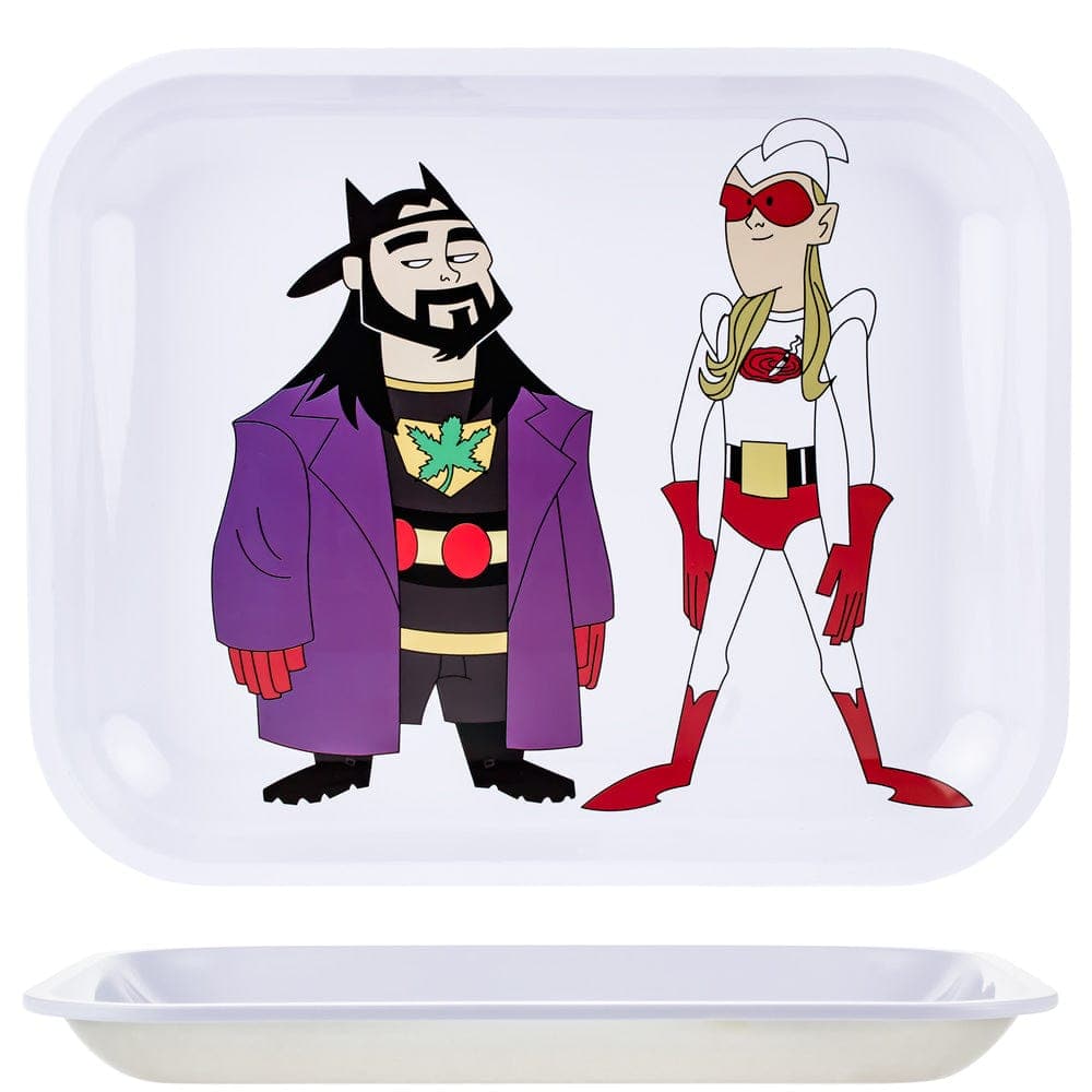 A whimsical illustration features the “Bluntman & Chronic Rolling Tray” with two cartoon figures in colorful outfits against a neutral backdrop.