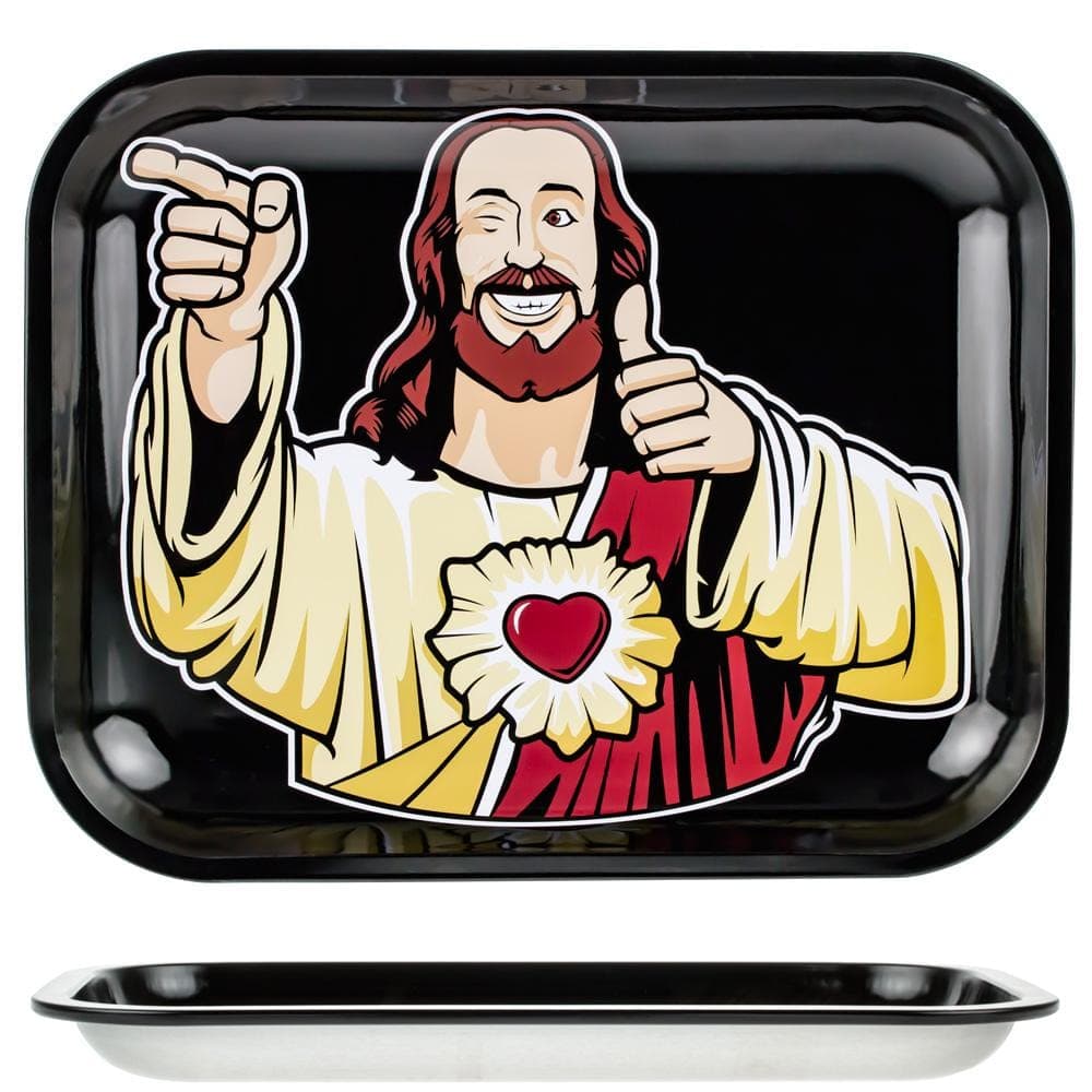 The Buddy Christ Black Rolling Tray displays a cartoon illustration of a smiling figure giving a thumbs-up on a black background.