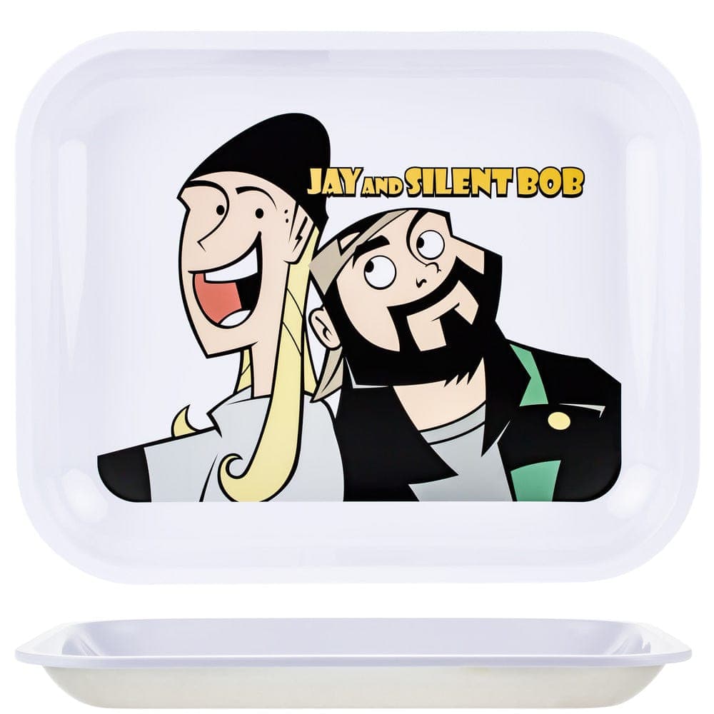 Overhead view of the Jay and Silent Bob Rolling Tray, featuring a colorful illustration of the iconic duo on a white background.