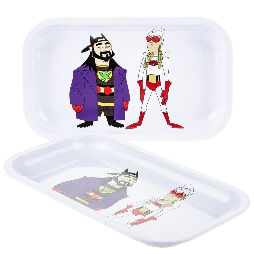 A slightly angled overhead view of the Bluntman & Chronic Rolling Tray featuring cartoon characters.