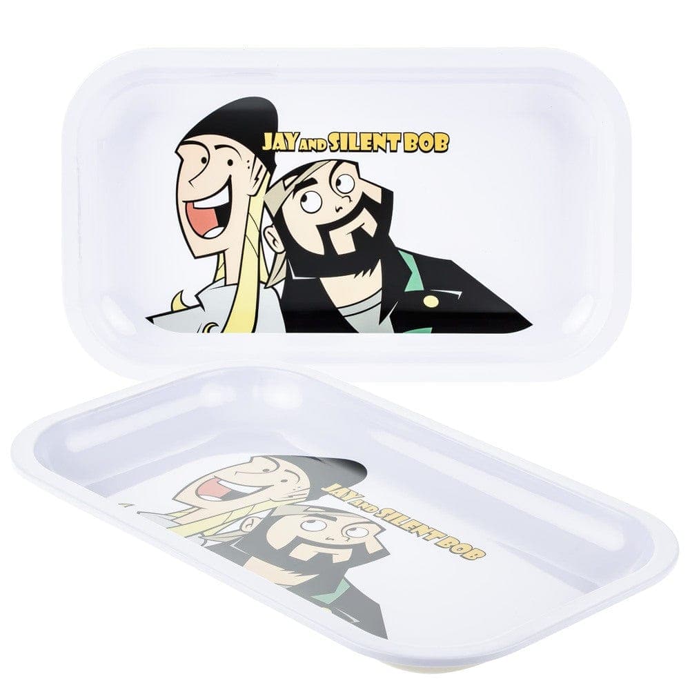 Overhead view of the Jay and Silent Bob Rolling Tray featuring a graphic design of the iconic duo.