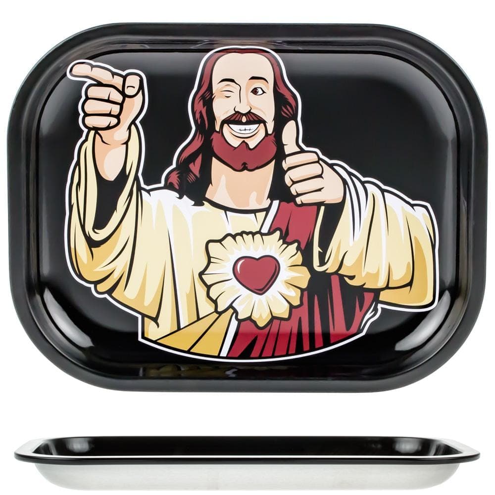 Front view of the Buddy Christ Black Rolling Tray depicting a cartoon Jesus giving a thumbs-up.