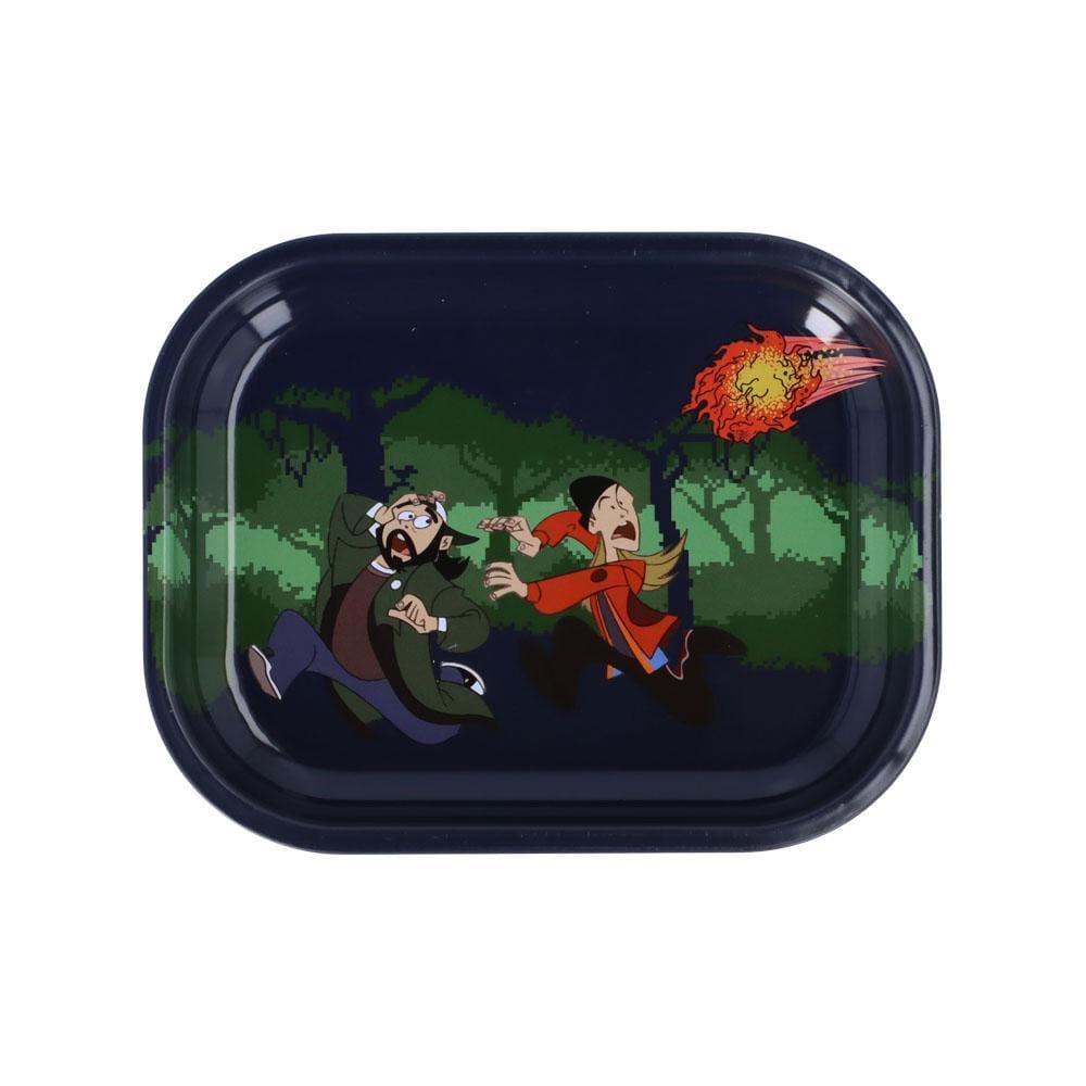 Overhead view of the “On The Run Rolling Tray” depicting cartoon figures fleeing with fiery trails against a black background.