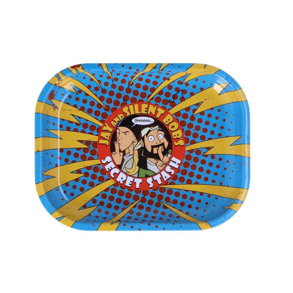 The Secret Stash Rolling Tray, a colorful rectangular tray with a patterned design, is pictured from a top-down angle.