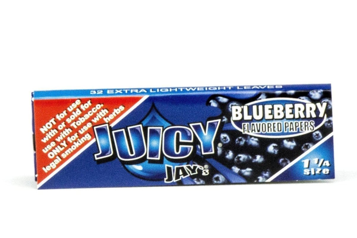 Close-up of a package of Classic 1-1/4" Flavored Rolling Papers with bold lettering against a blue background.