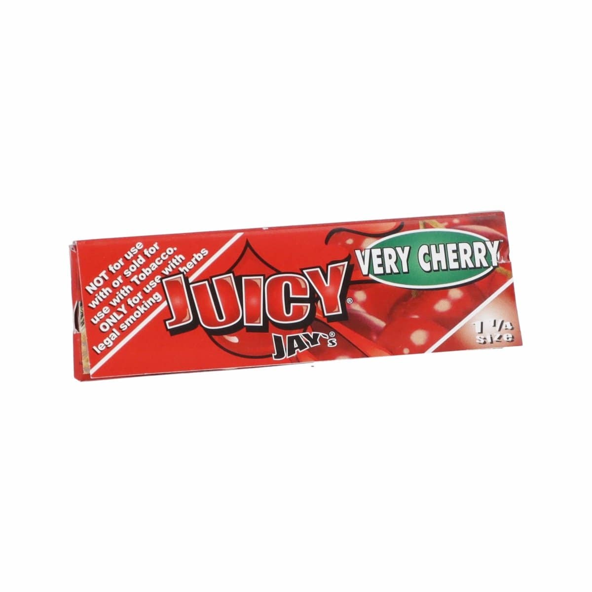 A close-up, angled view of the Juicy Jays Very Cherry 1 1/4 rolling papers package against a plain white backdrop.