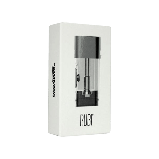 Front view of the RUBI Replacement Pod, a clear, small plastic cartridge angled against a neutral gray background.