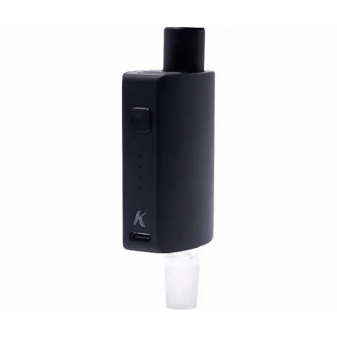 Front view of the Kandy Pens Session Vaporizer, a sleek, black device with a rounded top and minimalist design.