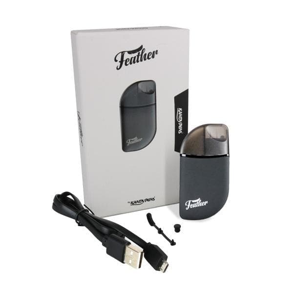 Front view of the Kandy Pens Feather Compact Vaporizer, showcasing its sleek, dark design against a plain black background.