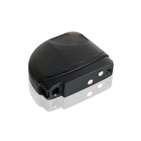 A side view of the Kandy Pens Feather Compact Vaporizer, showing its sleek, dark design and reflective surface.