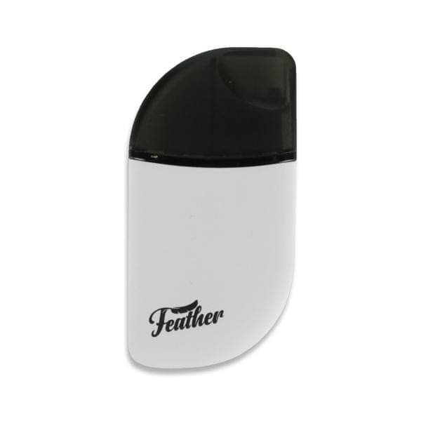 A slightly angled close-up of the Kandy Pens Feather Compact Vaporizer, showcasing its sleek, minimalist design.