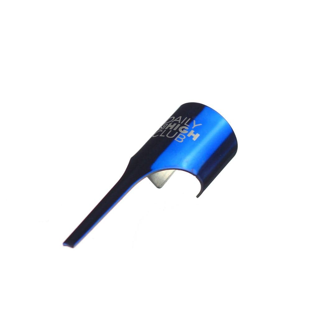 Kasher displays a close-up, angled view of a blue glass joint, reflecting light and showcasing its clean design.