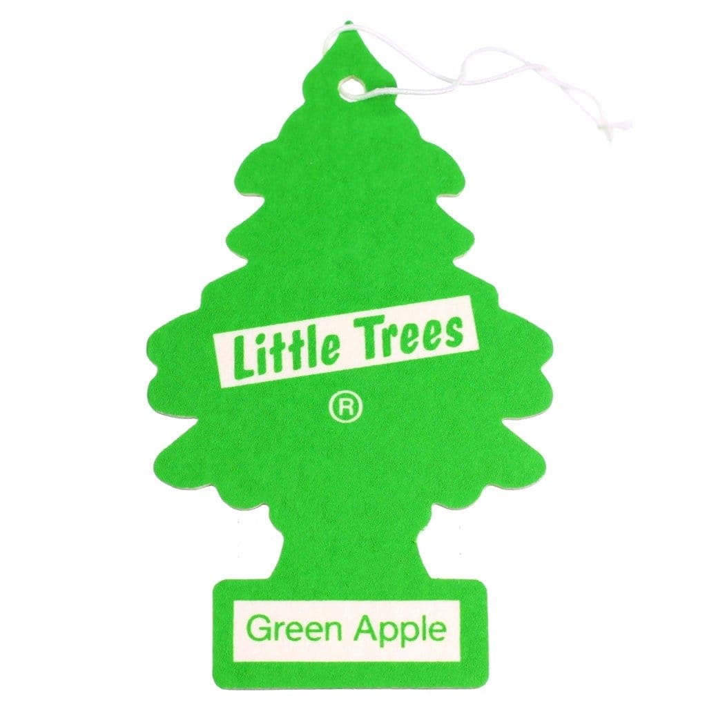 A close-up view of the Little Trees Air Freshener, showcasing its iconic tree shape in a vibrant green hue.