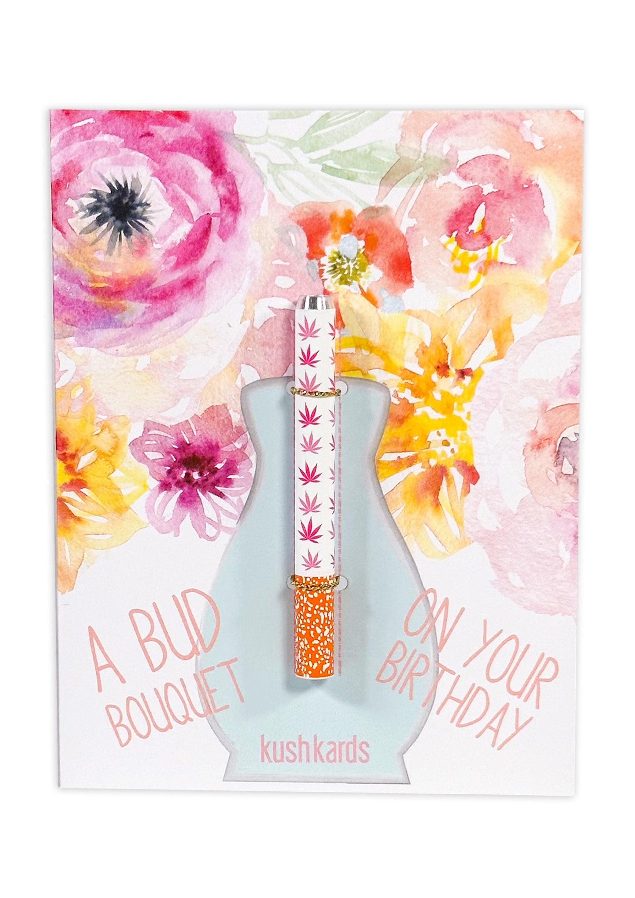 A vibrant close-up of the Bud Bouquet Birthday Card featuring colorful floral watercolor designs.
