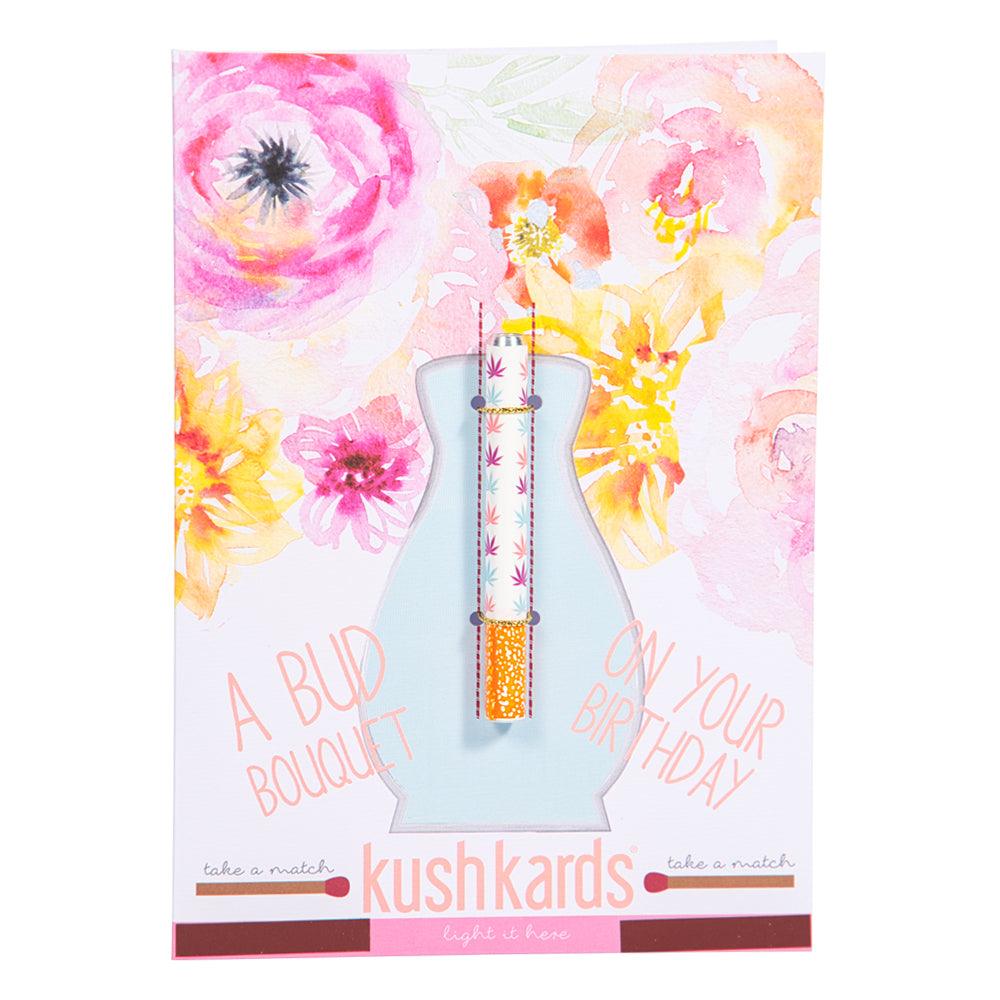 Front view of the Bud Bouquet Birthday Card, featuring a floral design with soft, pastel colors and a celebratory motif.
