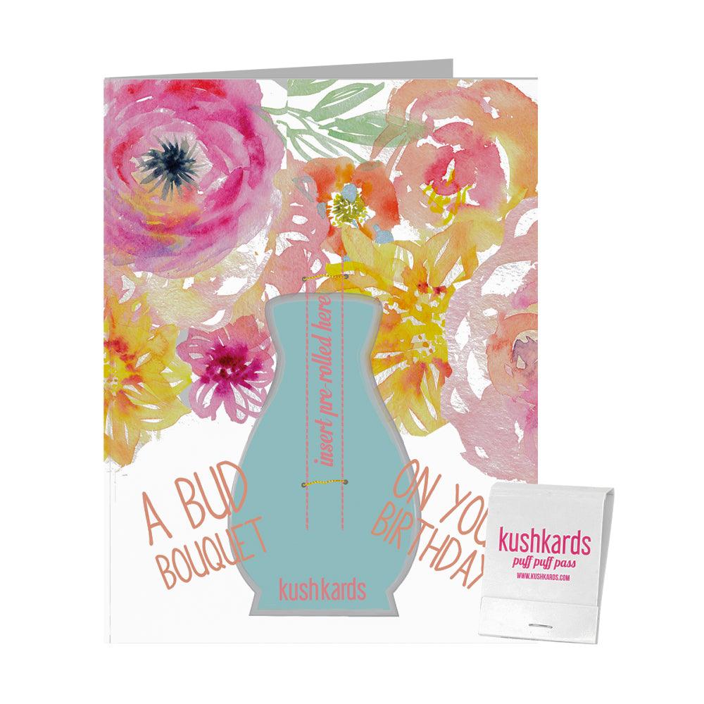 The Bud Bouquet Birthday Card features a colorful, painterly floral arrangement against a white background.