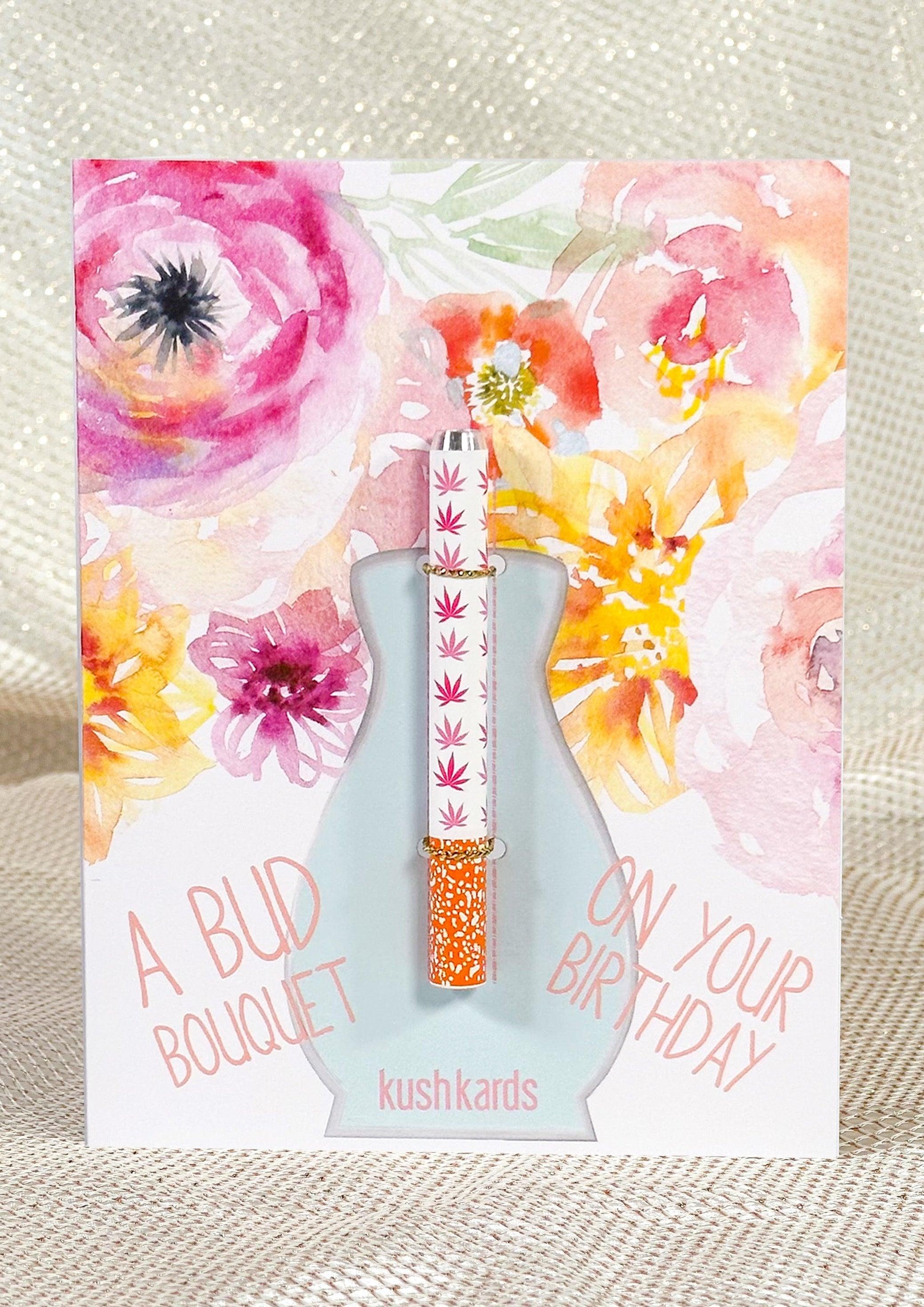 Front view of the Bud Bouquet Birthday Card featuring vibrant watercolor floral illustrations against a white background.