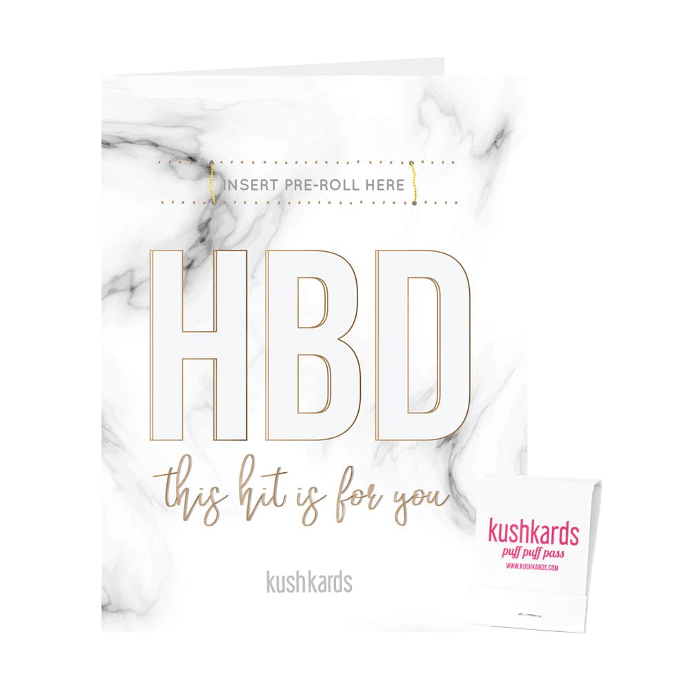 Front view of a white marble card with gold-outlined "HBD" and script "this hit is for you," labeled as the 🍰 HBD Birthday Cannabis Greeting Card.
