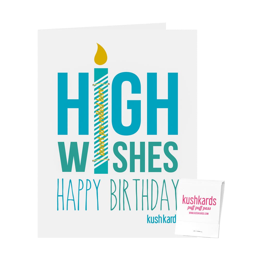 Front-facing view of the 🎉 High Wishes Birthday Cannabis Greeting Card showing large turquoise "HIGH WISHES" text with a candle graphic and "HAPPY BIRTHDAY" script on a white background.