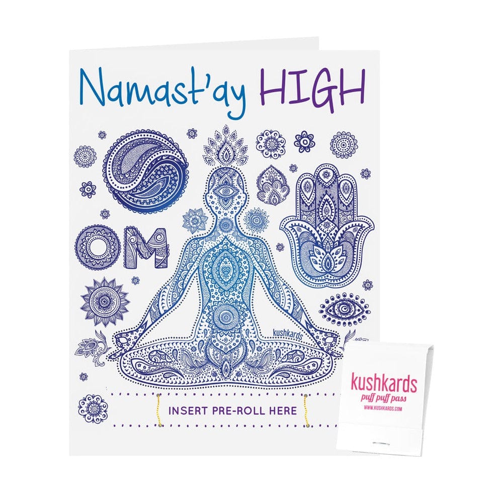 Front-facing Namast'ay High Cannabis Greeting Card showing a blue and purple paisley meditation figure surrounded by mandala motifs.