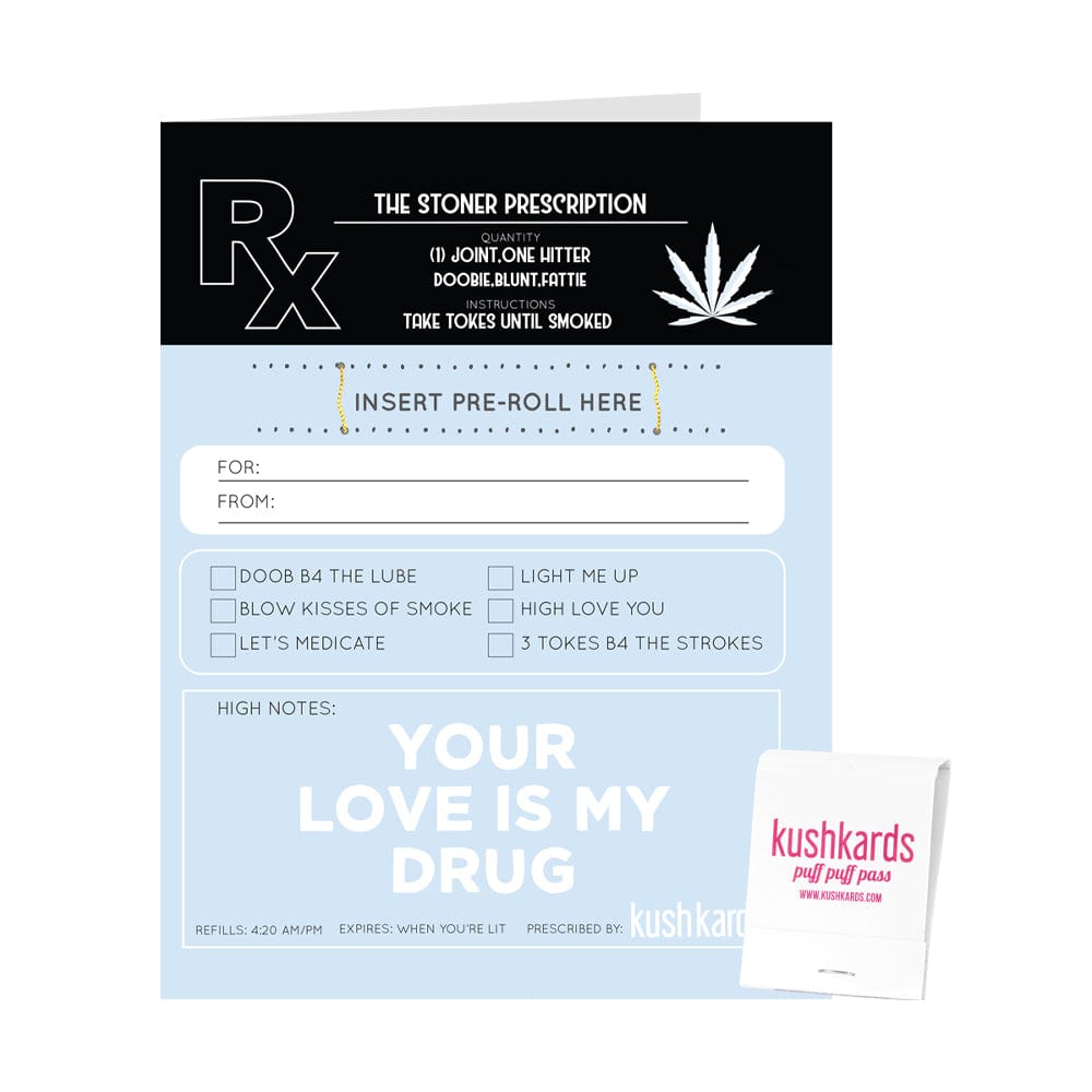 Front view of the 🖤 Stoner Prescription Cannabis Greeting Card showing an RX header, marijuana leaf graphic, pastel blue prescription form and a small Kushkards matchbook at the lower right