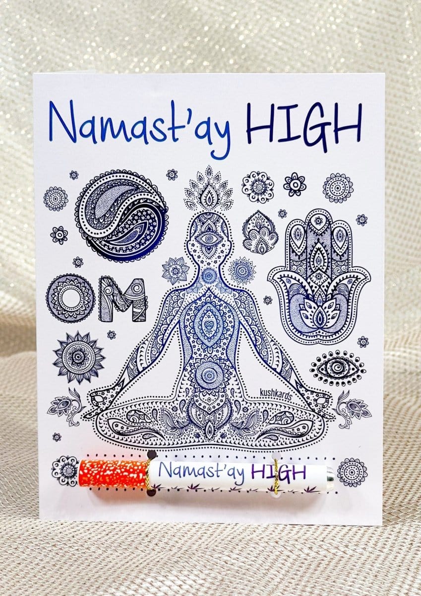Front view of the 💜 Namast'ay High Cannabis Greeting Card, featuring ornate purple and teal floral designs surrounding a central mandala.