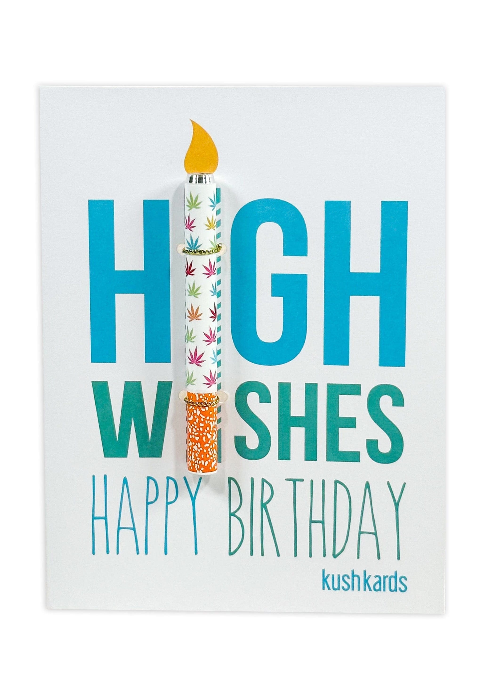 Front view of the 🎉 High Wishes Birthday Cannabis Greeting Card, showcasing colorful festive graphics on a white background.