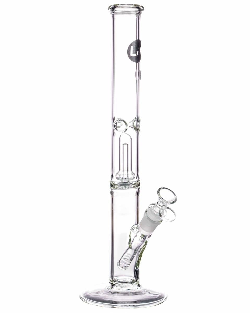 A front view of the 12" Clear Single UFO Showerhead Perc Straight Tube, showing a clear glass tube with a showerhead perc visible inside.