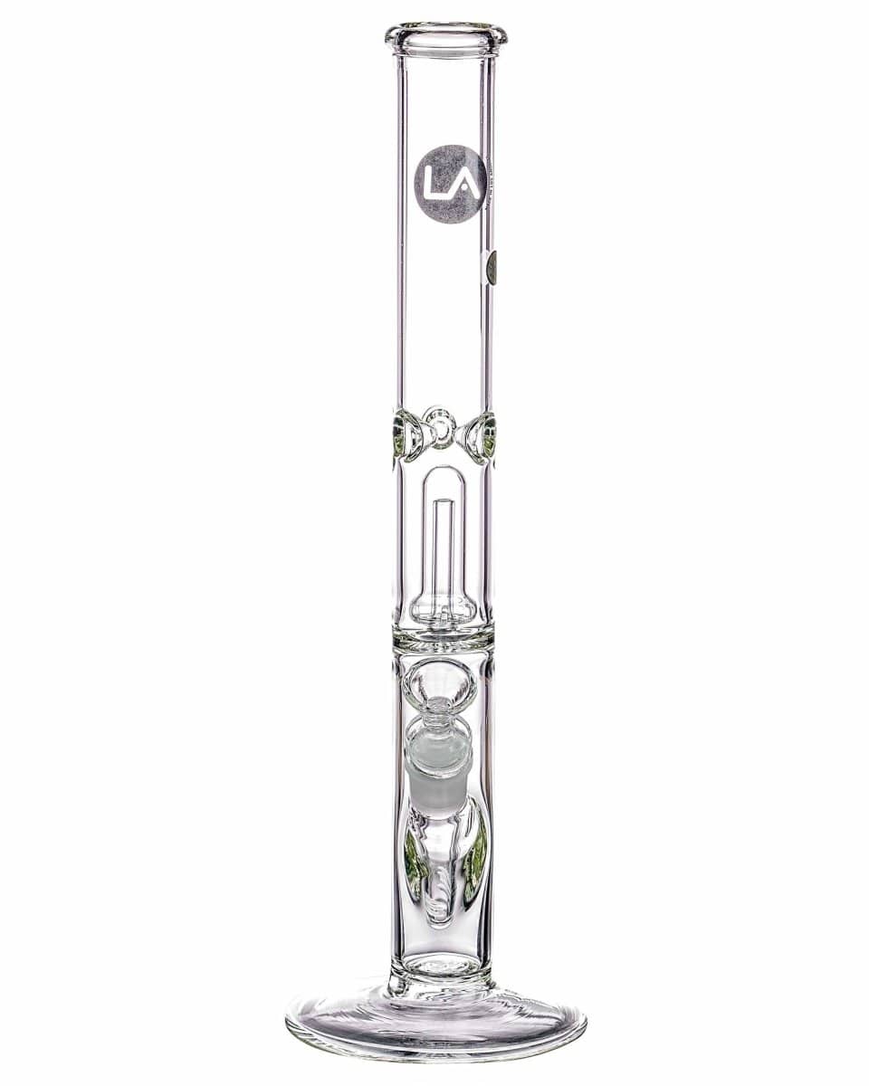 A front view of the 12" Clear Single UFO Showerhead Perc Straight Tube, highlighting its clear glass construction and cylindrical shape.
